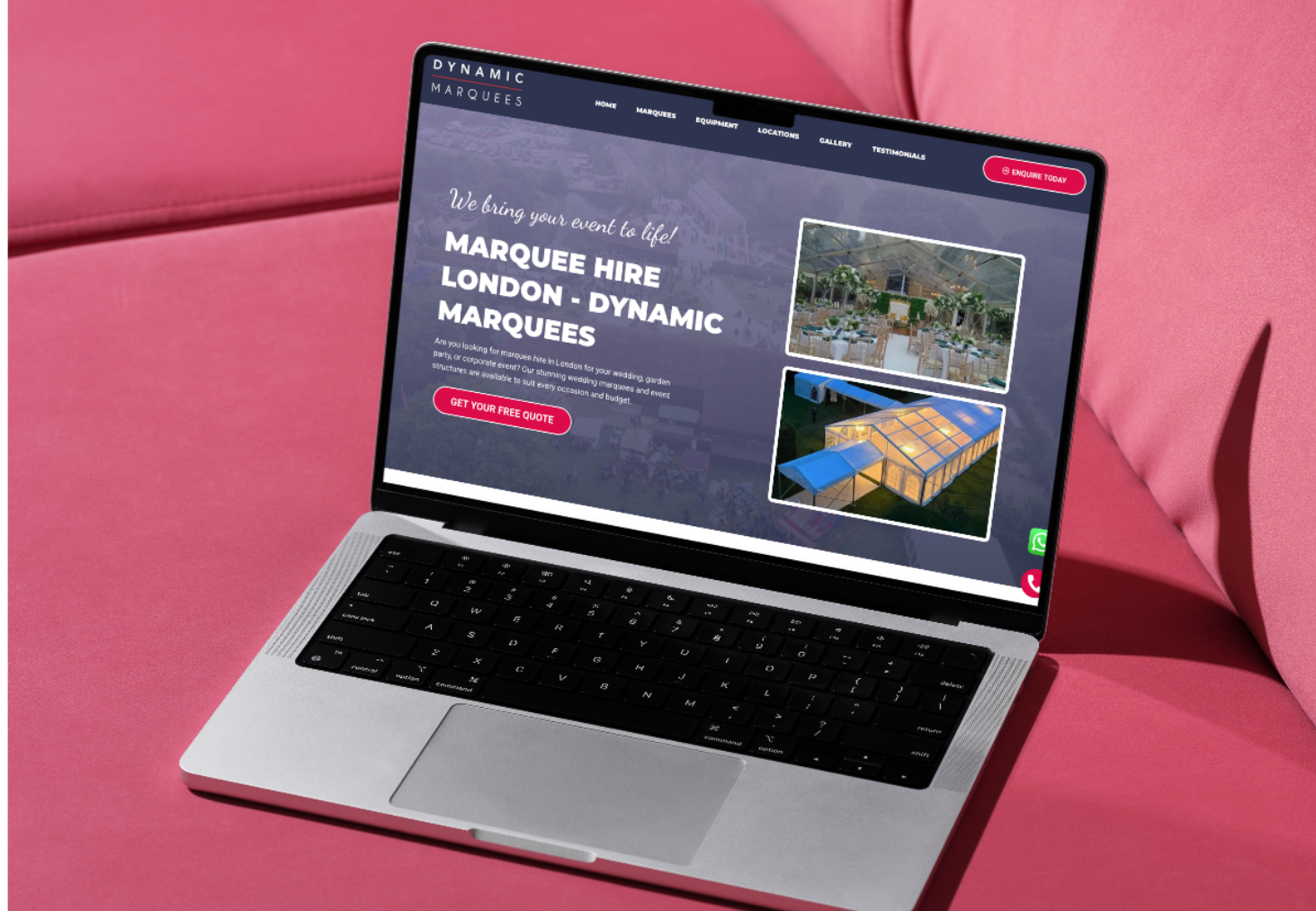 Dynamic Marquees website shown on a laptop