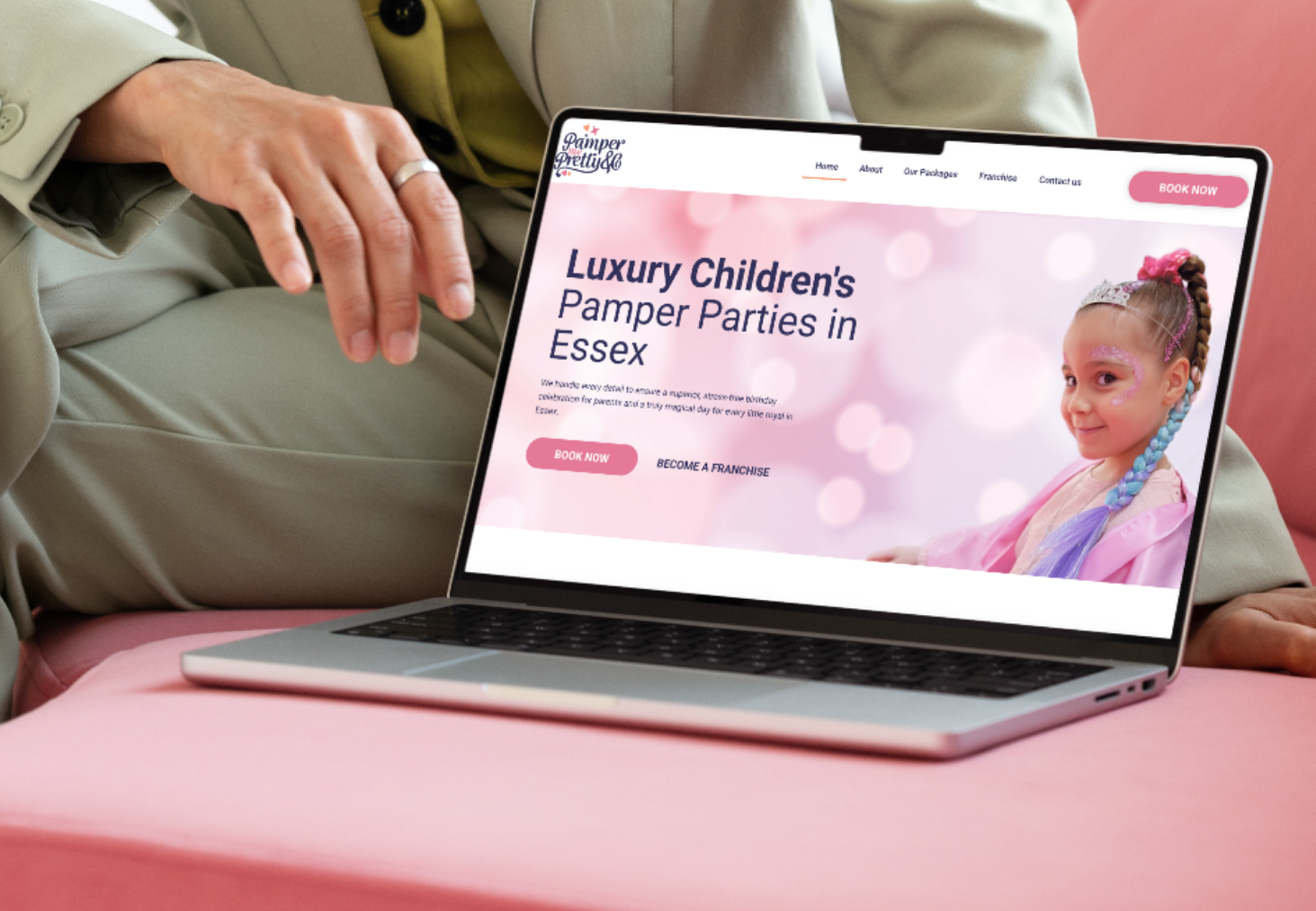Pamper Me Pretty children's party website shown on a laptop