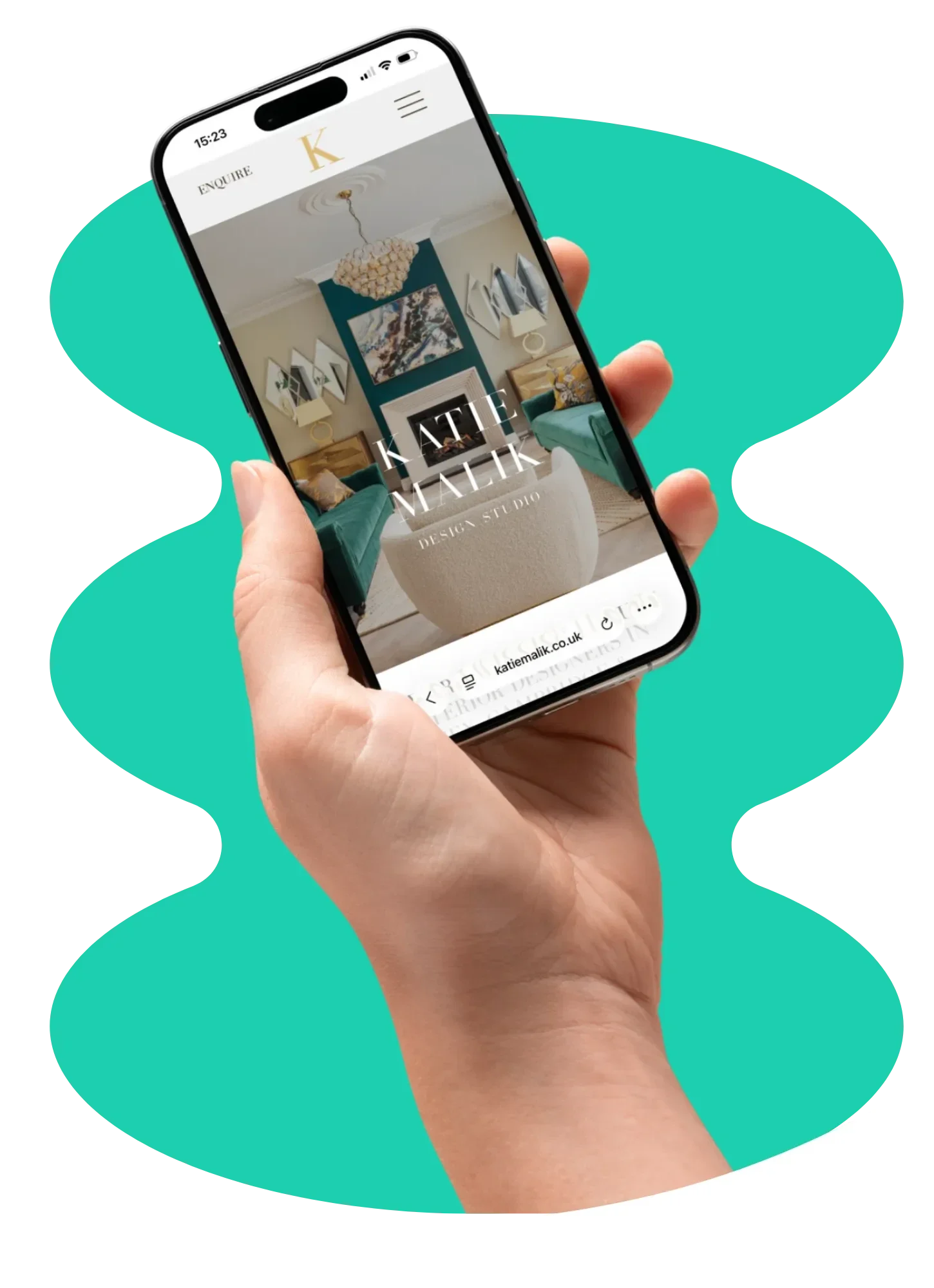 Interior design website shown on a mobile phone