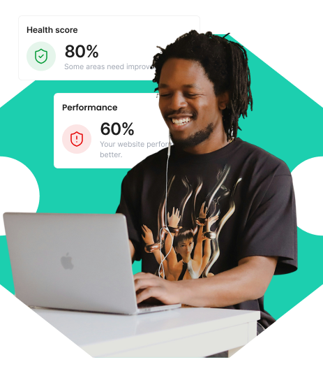 Small business owner smiling at a laptop showing website health and performance scores